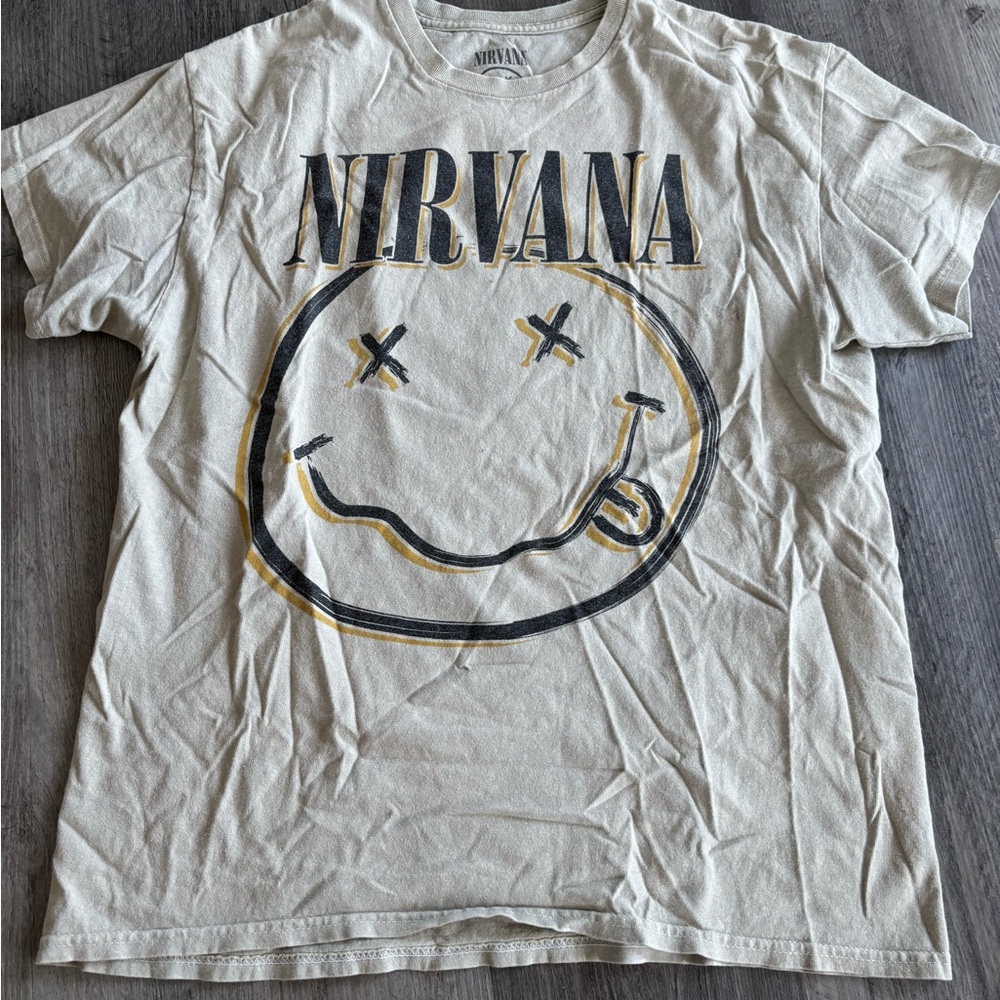 NIRVANA Tan Tee with Black Smiley Graphic